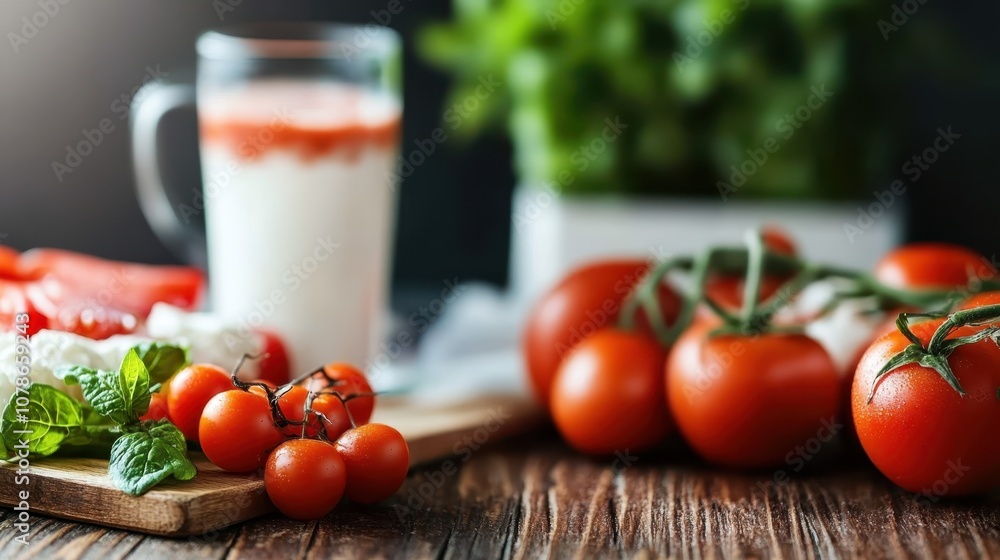 Ripe, juicy tomatoes complemented by bunches of fresh green herbs and a side of rich, creamy cheese, presenting a vibrant and appetizing culinary scene. Ripe, juicy tomatoes complemented by bunches of fresh green herbs and a side of rich, creamy cheese, presenting a vibrant and appetizing culinary scene.