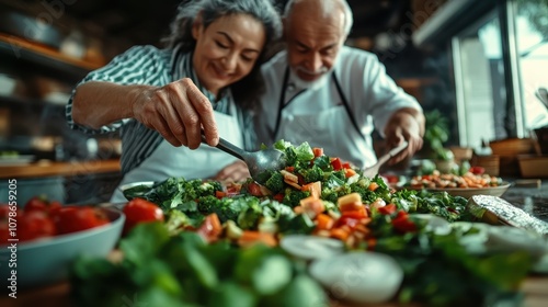 An elderly couple happily prepares a fresh salad together, emphasizing healthy living, connection, and culinary art, surrounded by a variety of colorful vegetables.