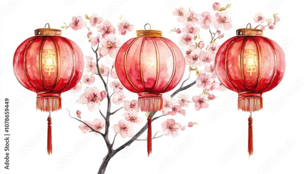 Obraz premium Red Chinese lanterns with soft pink cherry blossoms, watercolor style, on a white background,