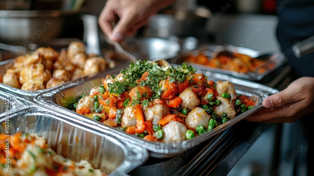 A buffet selection featuring sausages accompanied by colorful vegetables and an herb garnish, showcasing a mix of hearty flavors and culinary craftsmanship. A buffet selection featuring sausages accompanied by colorful vegetables and an herb garnish, showcasing a mix of hearty flavors and culinary craftsmanship.