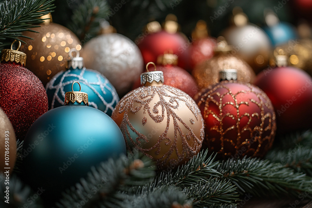 Generative AI image of festive Christmas decor with baubles, berries, and pine cones for holiday shopping Generative AI image of festive Christmas decor with baubles, berries, and pine cones for holiday shopping