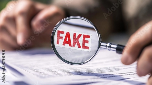 A person is holding a magnifying glass over a piece of paper that says fake photo