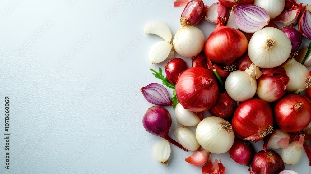 An array of vibrant onions in different hues, including red, white, and purple, is artistically arranged on a white surface, highlighting freshness and culinary options. An array of vibrant onions in different hues, including red, white, and purple, is artistically arranged on a white surface, highlighting freshness and culinary options.