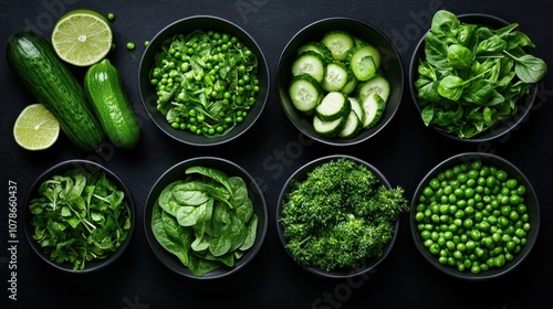 A diverse collection of leafy green vegetables, including spinach, cucumbers, and peas, carefully arranged in black bowls against a dark, contrasting background.