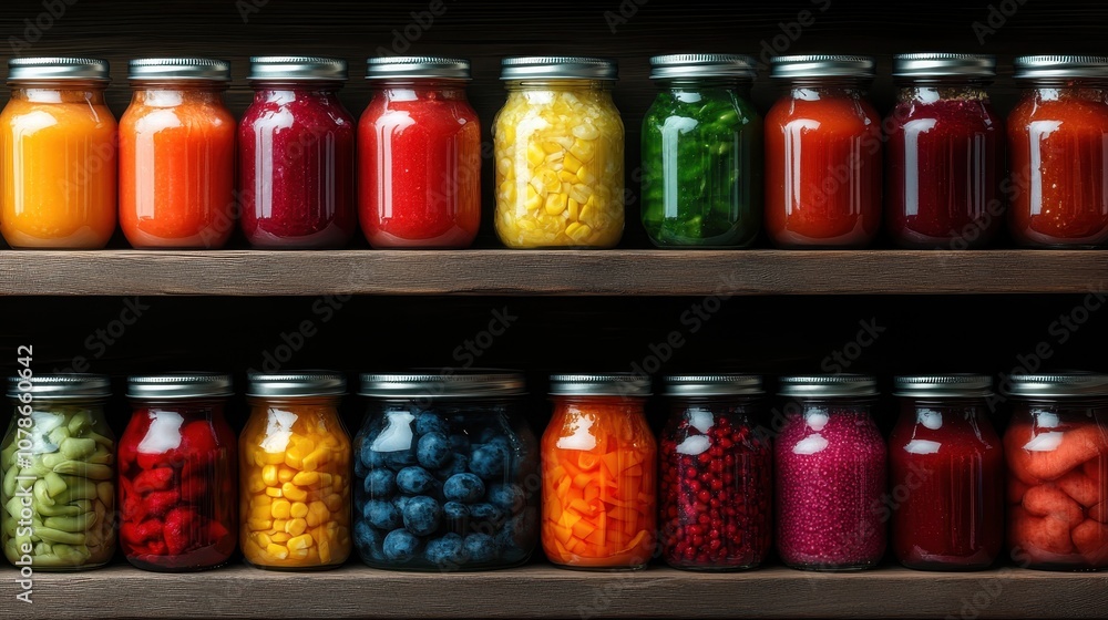 A shelf filled with brightly colored glass jars containing various preserved fruits and vegetables. This image captures the essence and artistry of home canning. A shelf filled with brightly colored glass jars containing various preserved fruits and vegetables. This image captures the essence and artistry of home canning.
