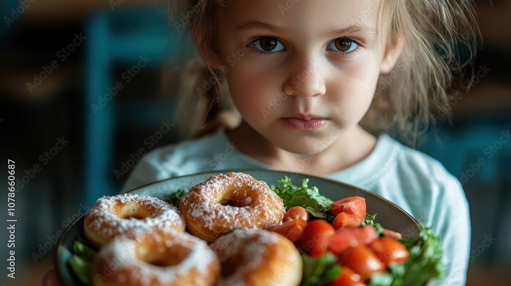 A young girl holds a plate with four powdered donuts resting on a bed of greens and cherry tomatoes, symbolizing a unique blend of sweet and healthy cuisine. A young girl holds a plate with four powdered donuts resting on a bed of greens and cherry tomatoes, symbolizing a unique blend of sweet and healthy cuisine.