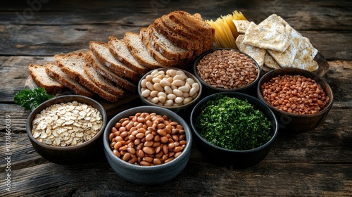 A rustic composition of sliced bread, grains, beans, and greens on a wooden table, showcasing the richness and variety of healthy, natural ingredients. photo