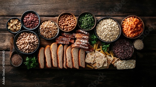 An intricate spread of diverse grains, beans, sliced bread, and greens artistically arranged on a rustic wooden backdrop, invoking a sense of wholesome abundance. photo