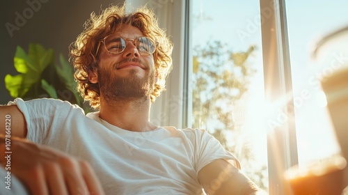 A relaxed young man wearing glasses soaks in the warm sunlight as it streams through a window, embodying a calm and peaceful moment filled with natural light. photo