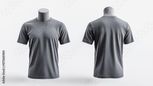 Image featuring a gray T-shirt displayed on a plain background, shown from both front and back perspectives on a faceless torso mannequin for clear visual impact.