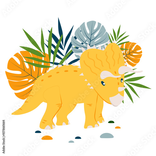 Vector dinosaur Triceraptops with palm and monstera leaves, t shirt print design, poster, card, party invitation
