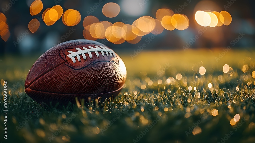 Football resting on pristine green turf with yard line markings, set in stadium during golden hour, featuring dramatic lighting and authentic athletic atmosphere. Football resting on pristine green turf with yard line markings, set in stadium during golden hour, featuring dramatic lighting and authentic athletic atmosphere.