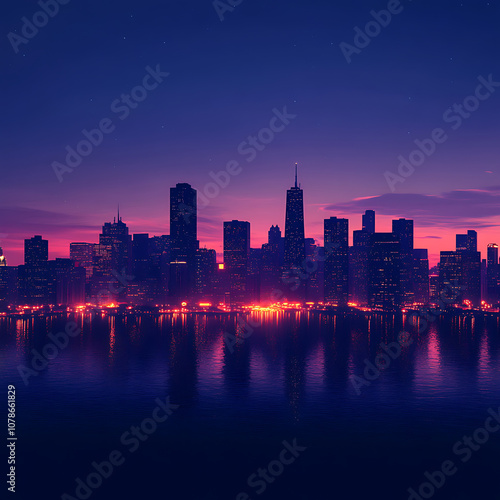 glowing outline of city skyline at dusk, reflecting vibrant colors on water. scene captures beauty and tranquility of urban life