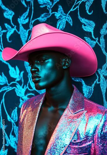 A cool, mysterious dark-skinned cowboy wearing a pink hat, set against a textured teal and dark blue backdrop with flowing blue flowers etched into the image, perfect for fashion, portrait photo