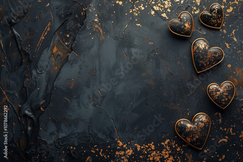 Black Stone-Like Background with Small Copper Hearts, Minimalist and Artistic Valentine's Day Design.