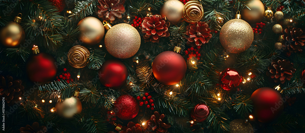 Festive Christmas Tree Close-Up with Red and Gold Baubles, Pine Cones, and Greenery, Ideal for Holiday Decor and Celebration Themes
Festive Christmas Tree Close-Up with Red and Gold Baubles, Pine Cones, and Greenery, Ideal for Holiday Decor and Celebration Themes