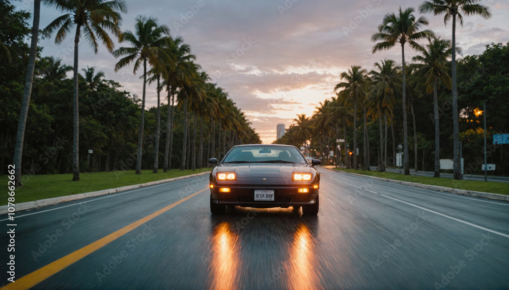 A black sports car drives down a palm tree lined road at sunset A black sports car drives down a palm tree lined road at sunset