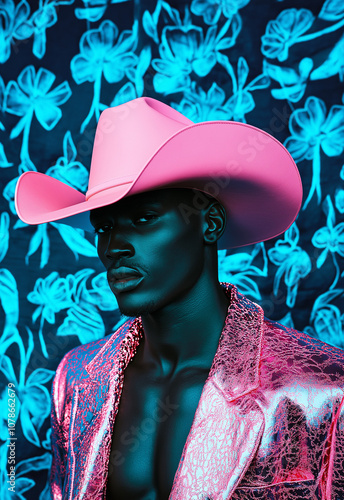 A cool, mysterious dark-skinned cowboy wearing a pink hat, set against a textured teal and dark blue backdrop with flowing blue flowers etched into the image, perfect for fashion, portrait photo