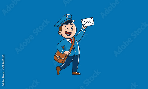 Cheerful mailman holding an envelope, isolated on blue.