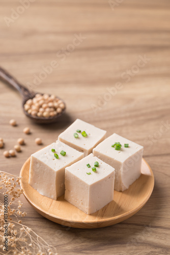 Fresh tofu with soy bean seeds, Vegan food ingredient in Asian cuisine, Plant based diet