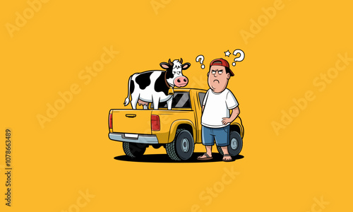 Confused man with a cow on his truck in humorous scene.