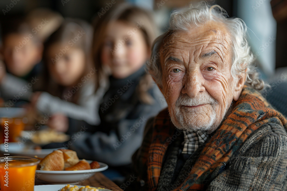 Generative AI Image of an Elderly Man Dining in a Public Canteen with Community Support Generative AI Image of an Elderly Man Dining in a Public Canteen with Community Support
