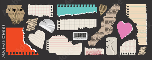 Set of torn paper. Notepad sheets, scraps of notebook page, torn letter and newspaper, cut out hearts, stickers. Vector design template in aged style.