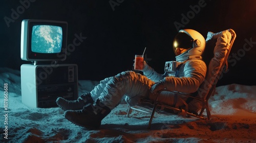 astronaut relaxing on the moon on a laxy chair and having a chill drink while watching tv photo