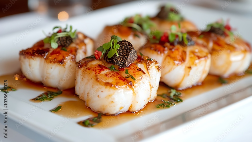 Closeup of seared scallops with black truffle, herbs and sauce on a white plate. Closeup of seared scallops with black truffle, herbs and sauce on a white plate.
