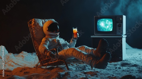 astronaut relaxing on the moon on a laxy chair and having a chill drink while watching tv photo