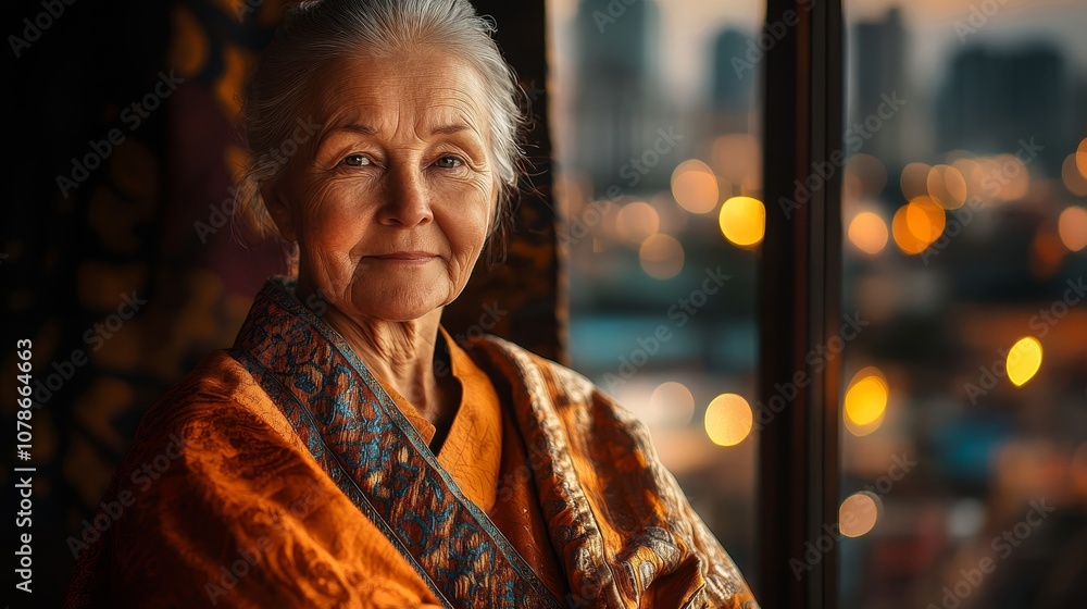 Fototapeta premium Tranquil Elderly Woman in Traditional Attire with Blurred Cityscape Background