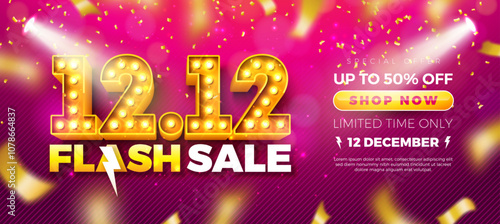 12 December Shopping Day Flash Sale Design with 3d 12.12 Light Bulb Number and Falling Confetti on Red Background. Vector Special Offer 50 Percent Off Campaign Discount Illustration for Coupon