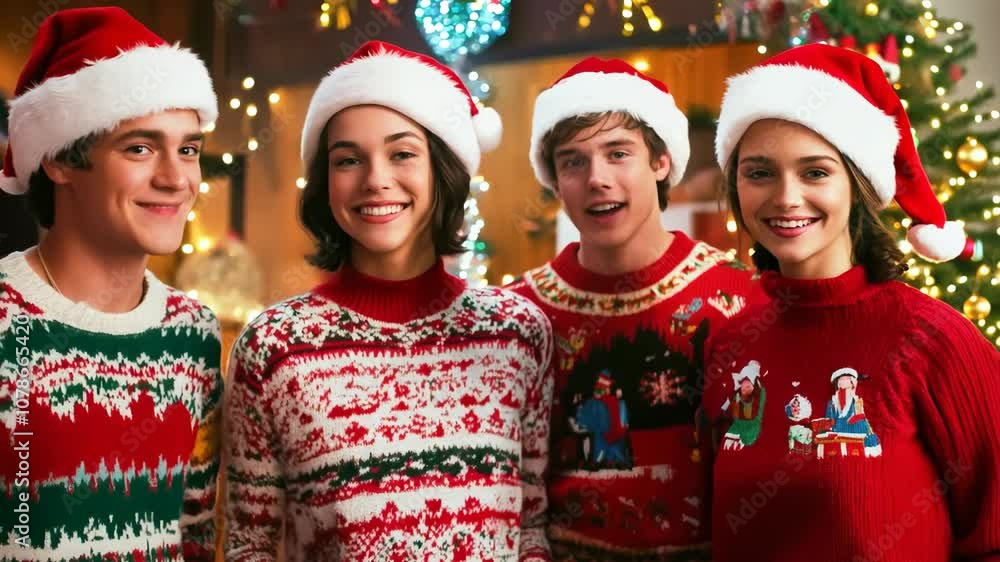 Four Friends Wearing Festive Christmas Sweaters and Santa Hats Smile at the Camera Four Friends Wearing Festive Christmas Sweaters and Santa Hats Smile at the Camera