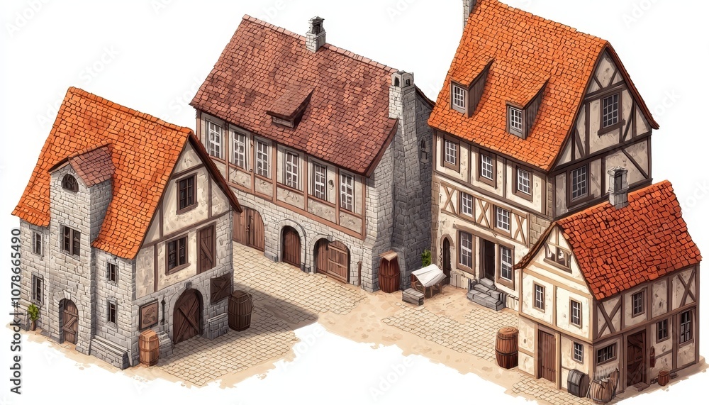 Medieval Village Buildings Illustration Stone Brick Timbered Houses Cobblestone Stree Medieval Village Buildings Illustration Stone Brick Timbered Houses Cobblestone Stree