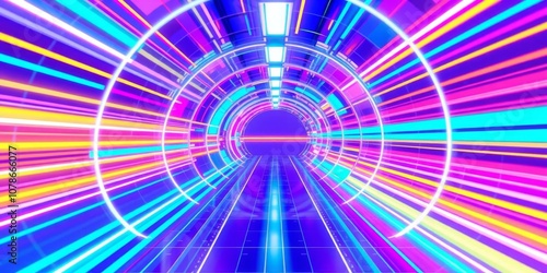 Colorful neon lines tunnel with lilac turquoise and blue stripes creating a mesmerizing 3D render, illuminated, futuristic