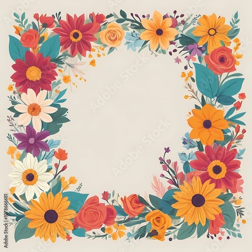 Colorful Floral Border with Various Flowers and Leaves