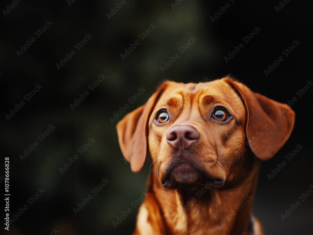 Close-up portrait of a large smooth-haired red dog with an attentive look. Copy space. Close-up portrait of a large smooth-haired red dog with an attentive look. Copy space.