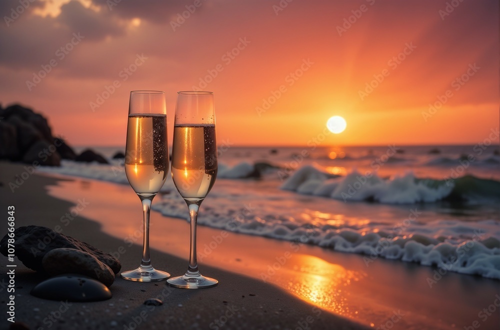 On the beach at sunset, two glasses of champagne sit side by side On the beach at sunset, two glasses of champagne sit side by side
