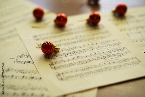 Christmas Sheet Music. Christmas decorations on music sheets, closeup