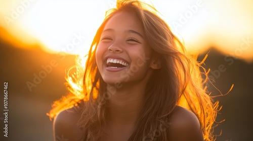 Joyful Teenage Girl of African and Asian Descent Laughing Under Sunset Light in Dynamic Pose