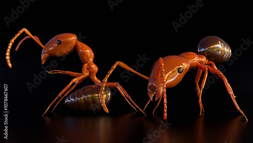 Formica rufa or red wood ant when threatened, raising its abdomen and opening its mandibles wide. From this position, it can spray formic acid, aggressive posture; 3d rendering.