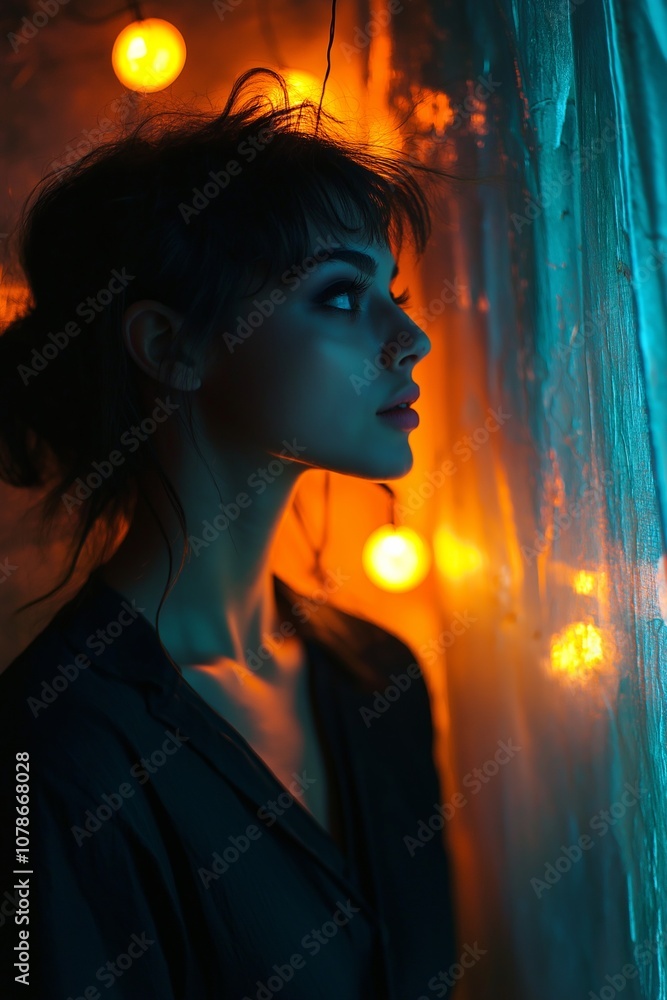 Side profile of a woman in low lighting with glowing fairy lights casting a warm hue in the background. Side profile of a woman in low lighting with glowing fairy lights casting a warm hue in the background.