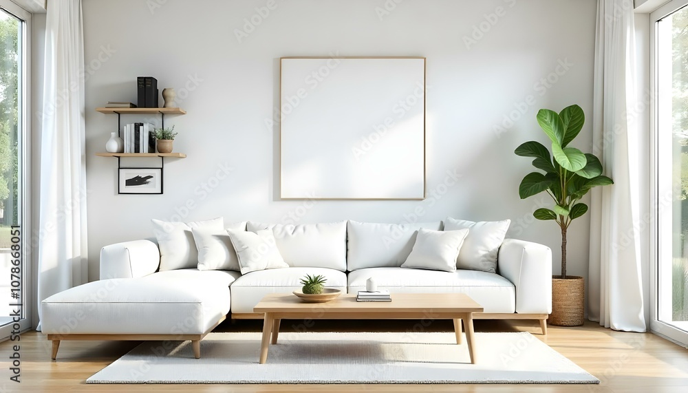 A modern living room with a large white sofa, wooden coffee table, and a blank white framed wall art A modern living room with a large white sofa, wooden coffee table, and a blank white framed wall art