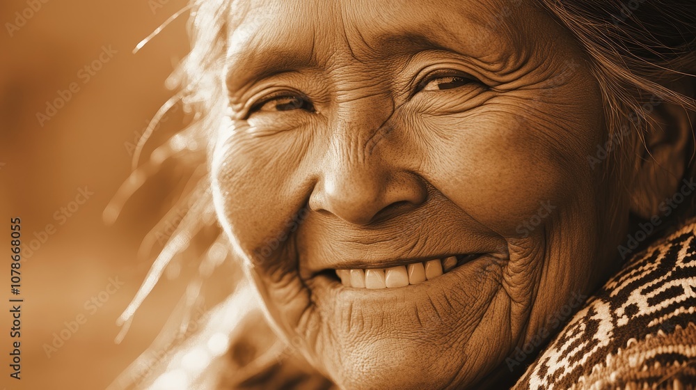 Wisdom in Sepia: Portrait of Elderly Alaskan Native Woman with Soulful Smile and Warm Light Wisdom in Sepia: Portrait of Elderly Alaskan Native Woman with Soulful Smile and Warm Light