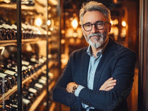 Wealthy individual with vintage wine collection in a high-end wine cellar, soft lighting accentuating the bottles.