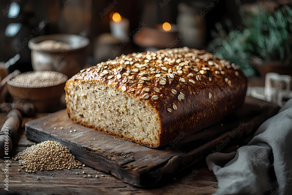 On a wooden table, a rustic loaf of rye bread surrounded by grains and a small bowl of seeds, surrounded by a warm, inviting atmosphere. On a wooden table, a rustic loaf of rye bread surrounded by grains and a small bowl of seeds, surrounded by a warm, inviting atmosphere.