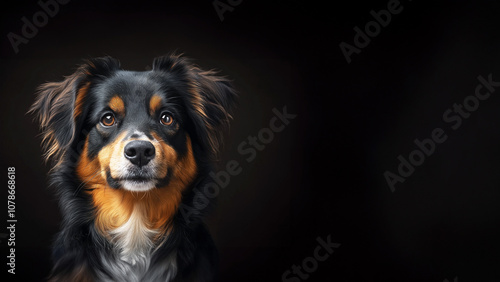 Studio portrait of a dog on a black background, free space on the right.