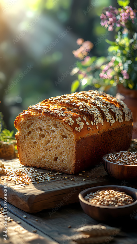 On a wooden table, a rustic loaf of rye bread surrounded by grains and a small bowl of seeds, surrounded by a warm, inviting atmosphere. On a wooden table, a rustic loaf of rye bread surrounded by grains and a small bowl of seeds, surrounded by a warm, inviting atmosphere.