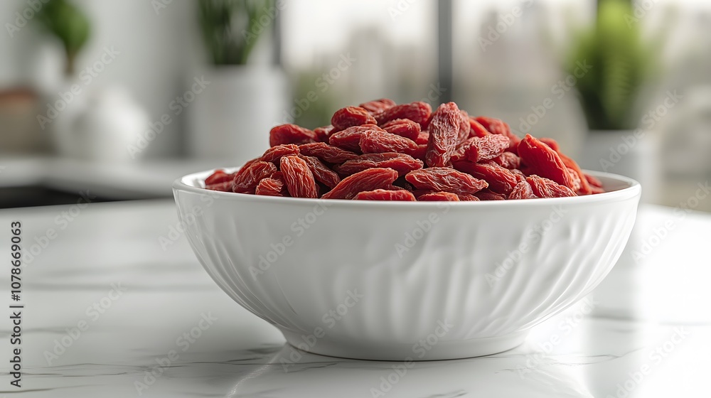 Vibrant red goji berries displayed in white ceramic bowl on marble surface, showcasing minimalist food styling with professional studio lighting effects. Vibrant red goji berries displayed in white ceramic bowl on marble surface, showcasing minimalist food styling with professional studio lighting effects.