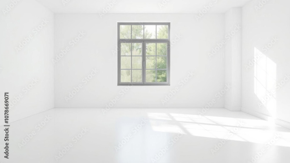 Fototapeta premium Empty white room with white floor and bright natural light coming through a window, white room, space